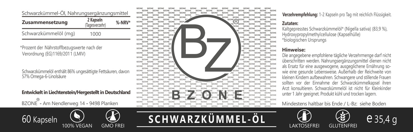 Bild eines Etiketts für Schwarzkümmel-Öl-Nahrungsergänzungsmittel mit Informationen zur Zusammensetzung, Verzehrempfehlung, Zutaten, Hinweisen und Nährstoffangaben. Das Produkt enthält 60 Kapseln, ist vegan, glutenfrei und laktosefrei. Entwickelt in Liechtenstein und hergestellt in Deutschland.