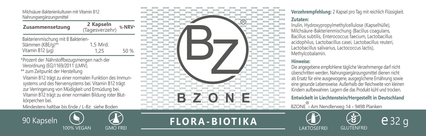 Etikett der BZONE Flora Biotika Probiotika Kapseln. Es zeigt die Zusammensetzung, empfohlene Verzehrmenge (2 Kapseln pro Tag) und Zutaten wie Inulin und verschiedene Bakterienstämme. Das Produkt ist 100% vegan, glutenfrei und GMO-frei, und enthält 90 Kapseln. Entwickelt in Liechtenstein und hergestellt in Deutschland.