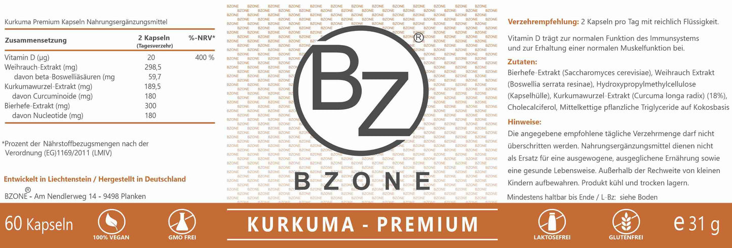 Produktetikett für Kurkuma Premium Kapseln von BZONE, das die Zusammensetzung, Zutaten, Verzehrempfehlungen und Hinweise darstellt. Es bildet die Zusammensetzung sowie Hinweise zur empfohlenen tägliche Einnahme ab.