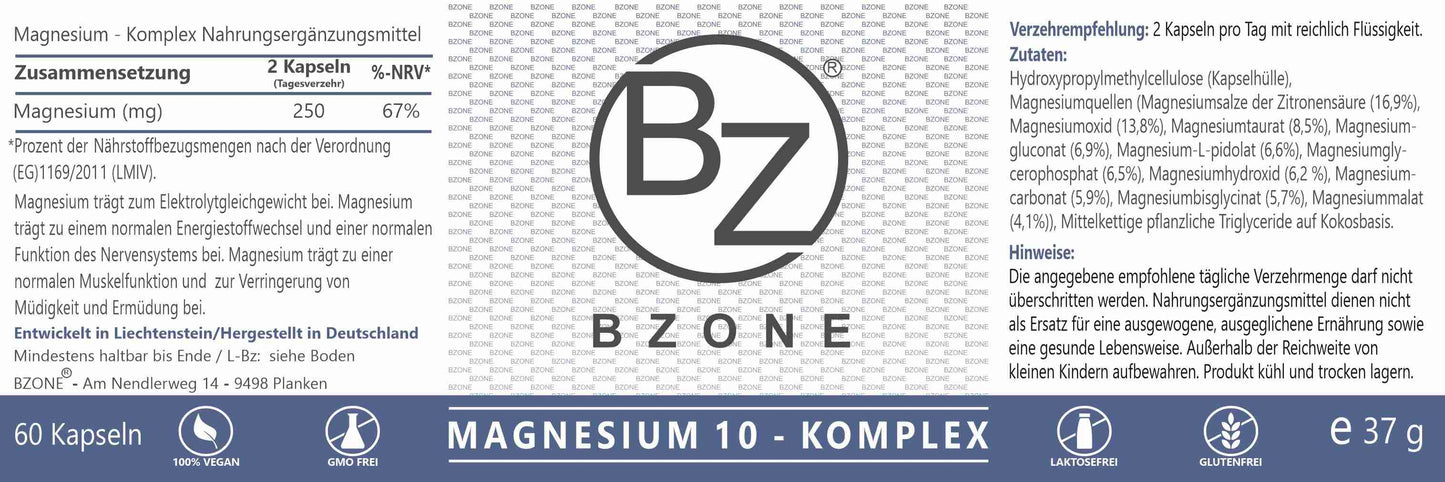 Etikett eines Nahrungsergänzungsmittels für Magnesiumkomplex. Enthält Informationen zur Zusammensetzung, Dosierung (2 Kapseln täglich), Zutaten und Hinweise zur Verwendung. Das Produkt ist vegan, laktosefrei und glutenfrei. Entwickelt in Liechtenstein und hergestellt in Deutschland.