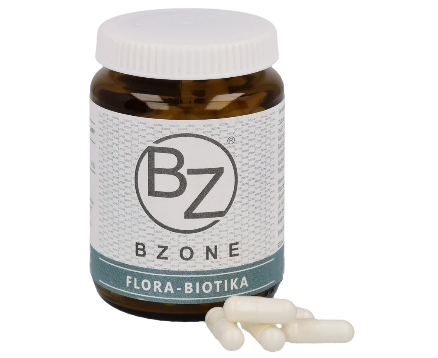 Braunes Glasgefäß mit weißem Deckel, beschriftet mit dem BZONE Flora Biotika Etikett, neben dem Braunglas liegen einige weiße Flora Biotika Probiotikum Kapseln.