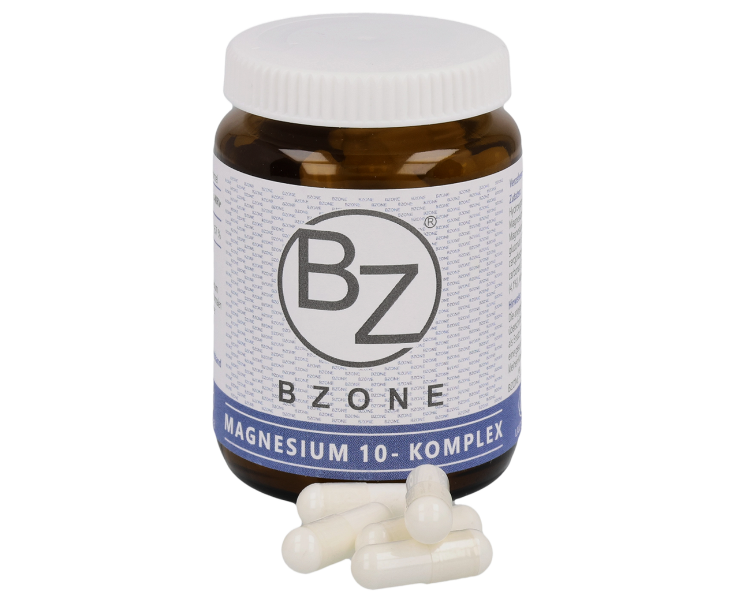 Braunglas mit blauem Etikett, das 60  Magnesium 10 Komplex Kapseln von BZONE enthält. Vor dem Glas liegen 5 weiße Magnesium Kapseln