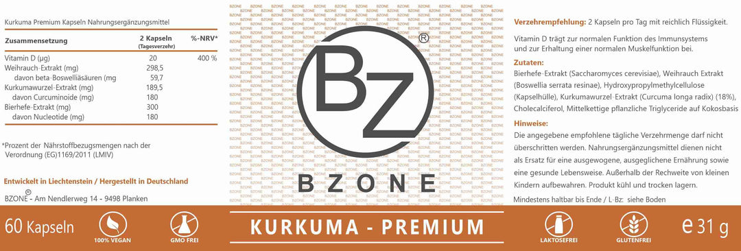 Produktetikett für Kurkuma Premium Kapseln von BZONE, das die Zusammensetzung, Zutaten, Verzehrempfehlungen und Hinweise darstellt. Es bildet die Zusammensetzung sowie Hinweise zur empfohlenen tägliche Einnahme ab.