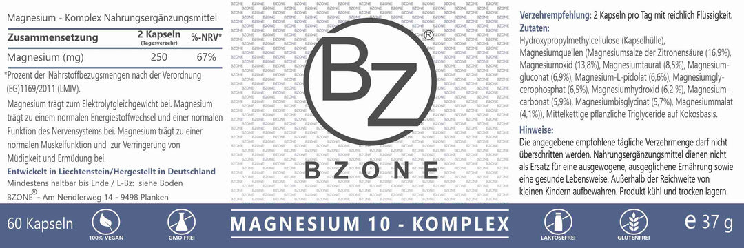 Etikett eines Nahrungsergänzungsmittels für Magnesiumkomplex. Enthält Informationen zur Zusammensetzung, Dosierung (2 Kapseln täglich), Zutaten und Hinweise zur Verwendung. Das Produkt ist vegan, laktosefrei und glutenfrei. Entwickelt in Liechtenstein und hergestellt in Deutschland.